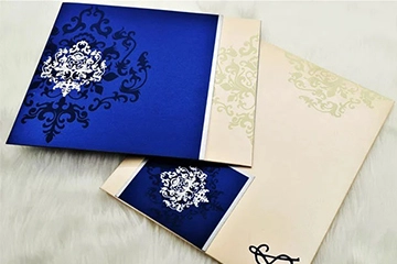 BLUE IVORY SHIMMERY DAMASK THEMED - SCREEN PRINTED WEDDING CARD