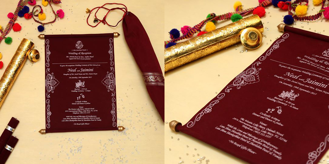 7 Trending Colors Of Scroll Cards For Royal Indian Wedding